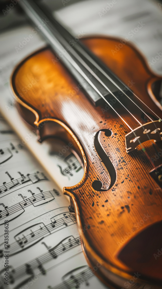 Fototapeta premium Closeup of a violin over music sheets. Classical music concept.