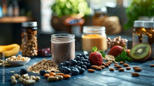 Healthy breakfast setup on wooden surface featuring a variety of fresh fruits like blueberries and strawberries, nuts, granola, and a chia pudding jar