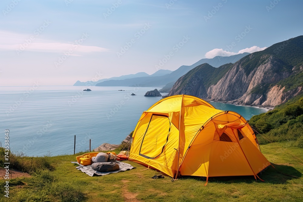 Camping Equipment - Yellow Tent with Mountains and Sea in Background, Copy Space Available