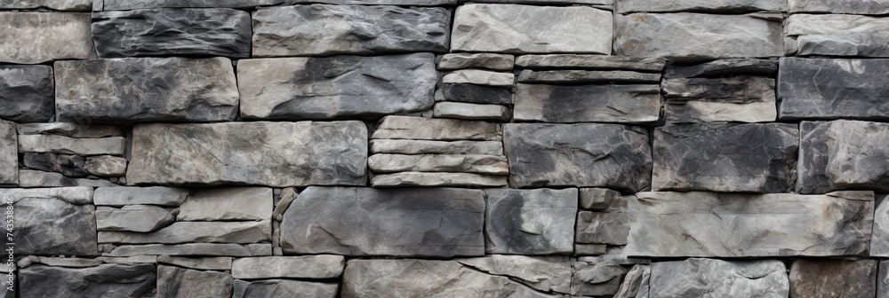 Grey Stone Wall Texture. Background of Panoramic Build with Mosaic Granite and Gray Marble Rock.