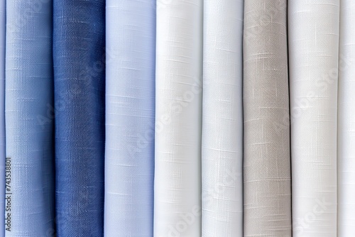 Close-Up Cotton Fabric Samples in Blue, Grey and White. Textured Textile Background for Cards