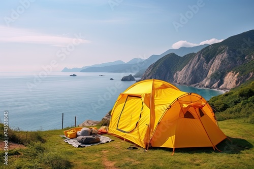 Camping Equipment - Yellow Tent with Mountains and Sea in Background, Copy Space Available