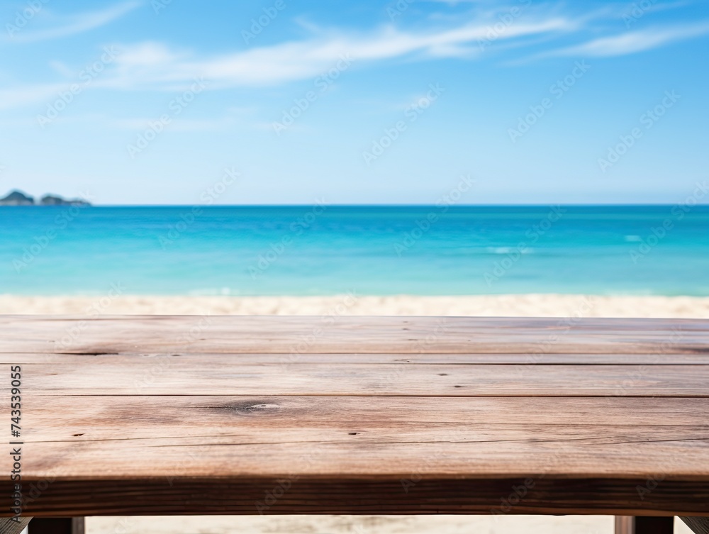 Blue Wooden Table Top Surrounded by Stunning Beachscape - Perfect Background for Summer