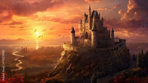 Castle Landscape at Sunset. A Digital Illustration of Fantasy Castle Tower amidst a Fantastic