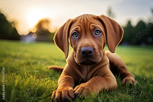 Brown Broholmer Puppy in Italy. Adorable Dog Breed Lying on Grass and Gazing into Camera.