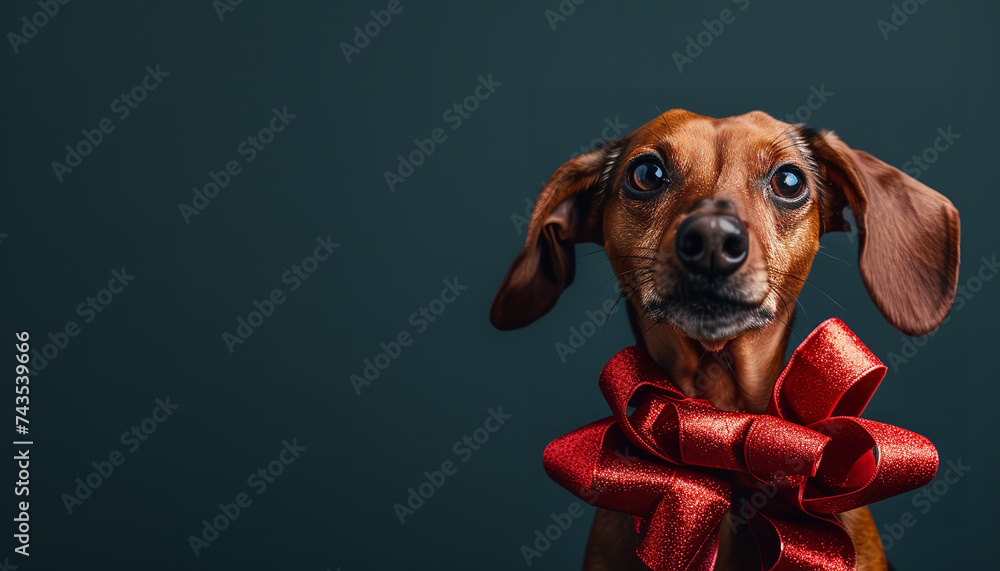 beagle dog portrait with a gift bow