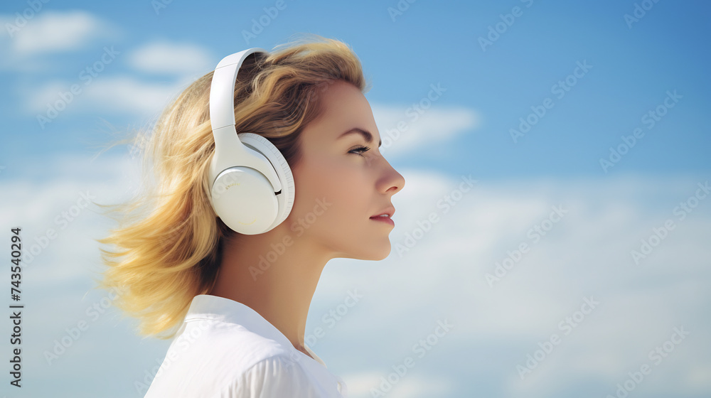 Young Woman With Eyes Closed Enjoying Music on Wireless Headphones Outdoors in The Summer. Relaxing, Freedom and Joy in Digital Audio