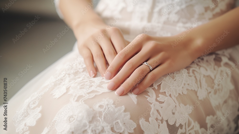 A close-up view capturing the delicate hands of a bride adorned with an elegant manicure, gracefully showcasing her lace wedding dress. A close-up view capturing the delicate hands of a bride adorned with an elegant manicure, gracefully showcasing her lace wedding dress.