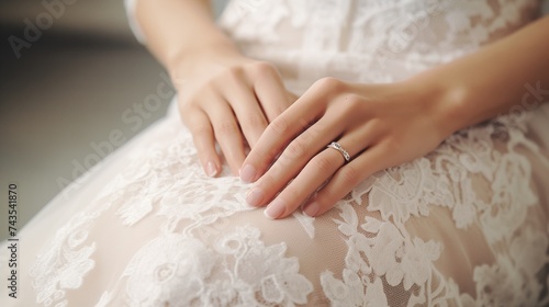 A close-up view capturing the delicate hands of a bride adorned with an elegant manicure  gracefully showcasing her lace wedding dress. 