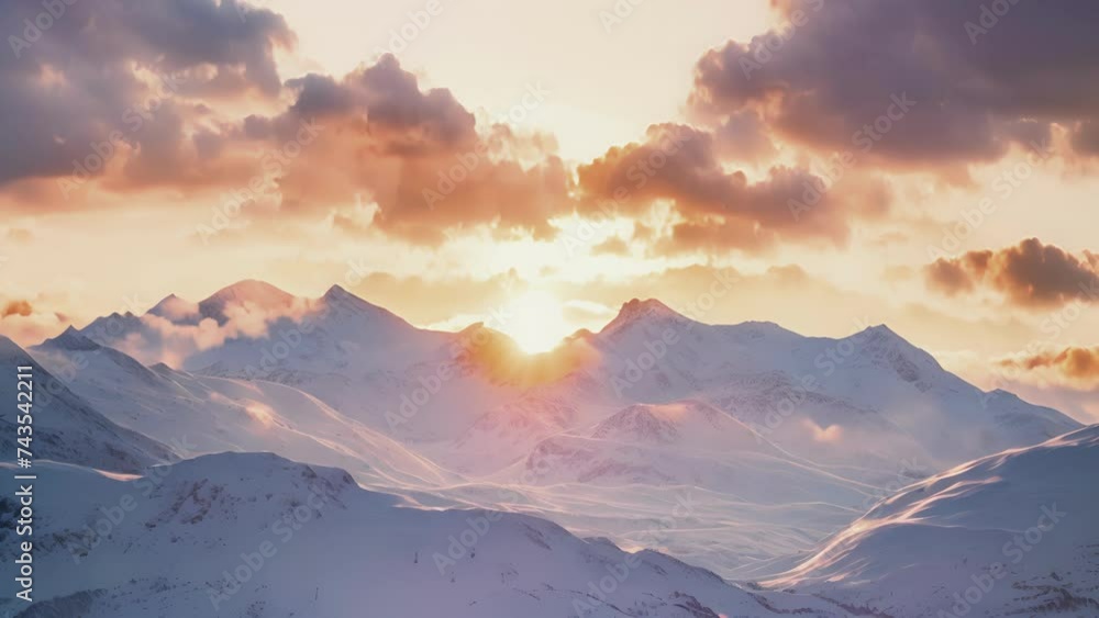 The soft diffused light of the cloudy sunrise creates a dreamy atmosphere making the snow peaks appear even more glistening. The soft diffused light of the cloudy sunrise creates a dreamy atmosphere making the snow peaks appear even more glistening.