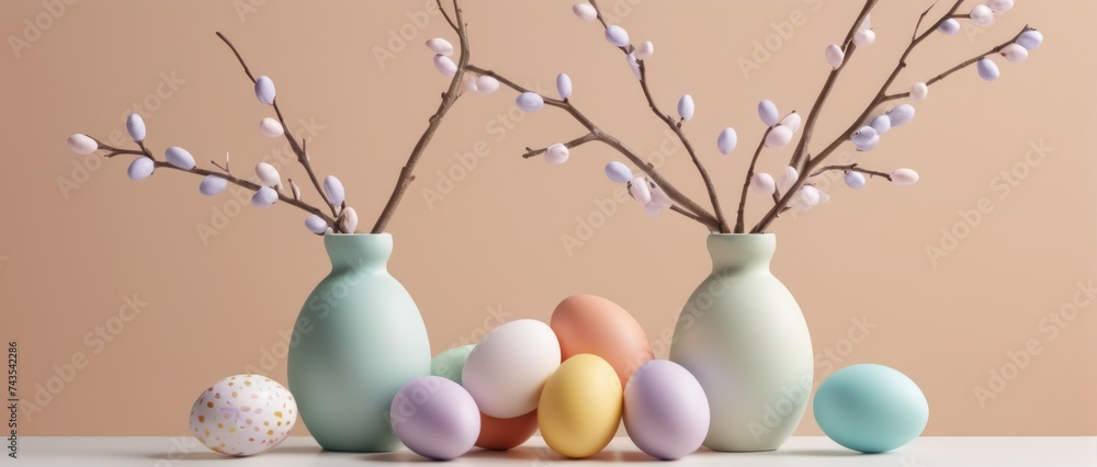 Tree branches decorated with Easter eggs in a vase Tree branches decorated with Easter eggs in a vase