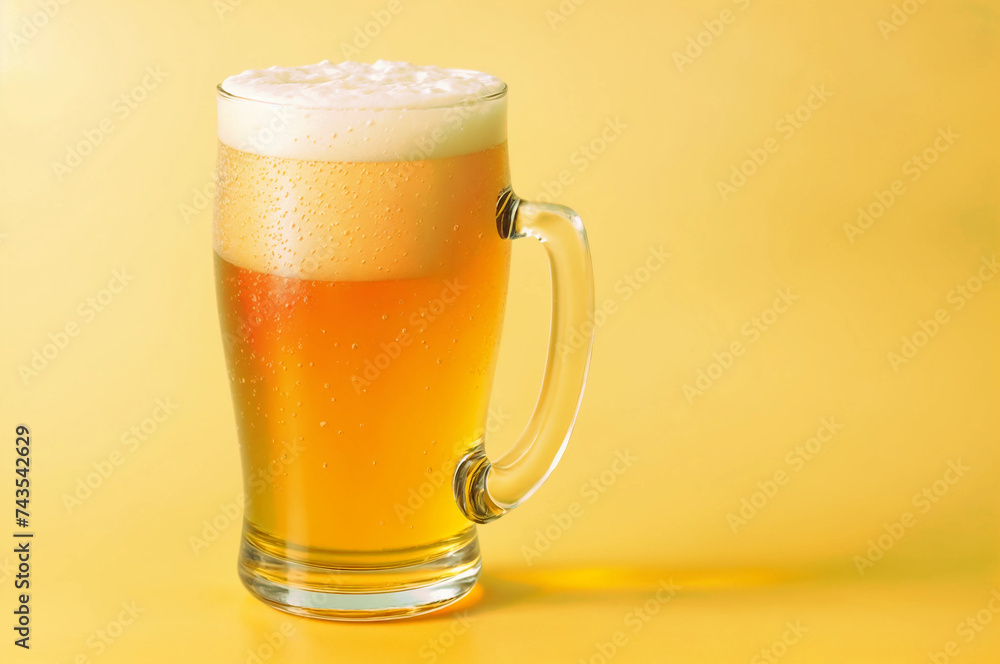 Glass of beer close-up on colorful bright blurred background. Place for text. Generative AI.