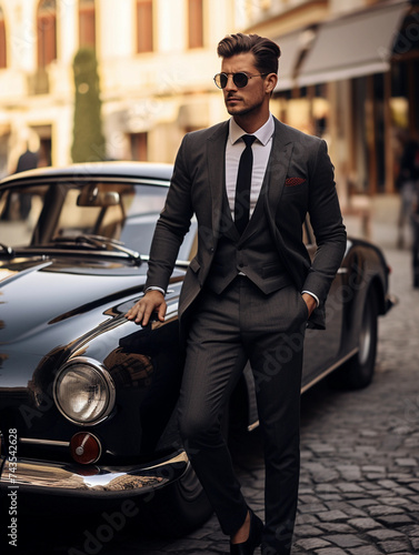 Handsome young man in suit and sunglasses standing on the street near a vintage car  © Johannes