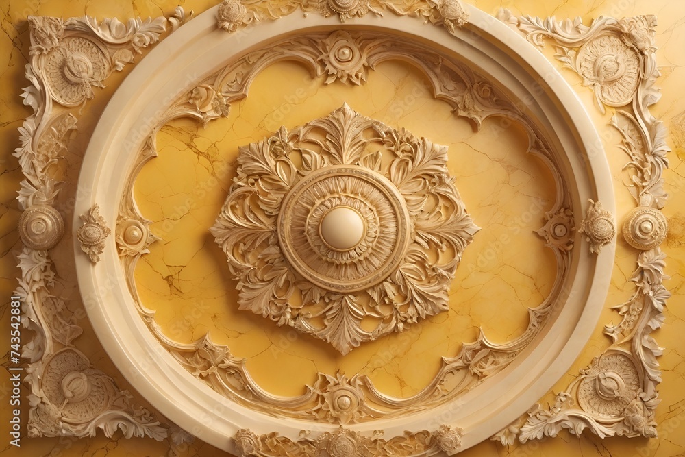 background, model of ceiling decoration with 3d wallpaper. decorative frame on yellow marble luxurious background and mandala
