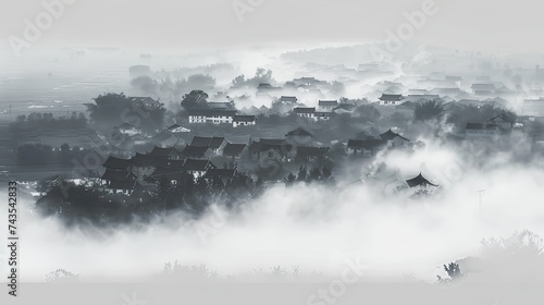 lnk and wash style countryside town, cloudy, sparse houses, brushstroke painting, white space, Chinese style, real photo texture, DJI aerial photography