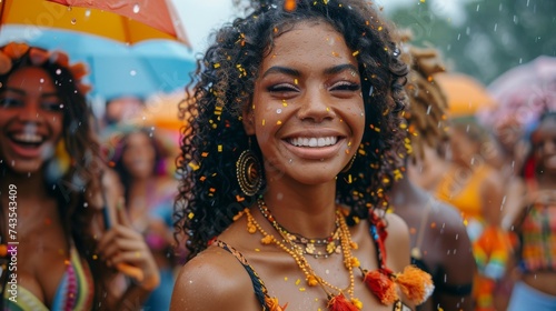 African girl in the rain at a festival, Africa, blacks, Brazil, sincere joy, smiles, dancing