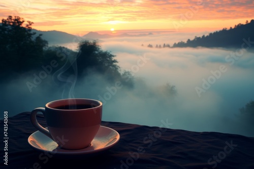 Cup of aromatic coffee with copy space, foggy landscape, and beautiful dawn. Tranquil morning
