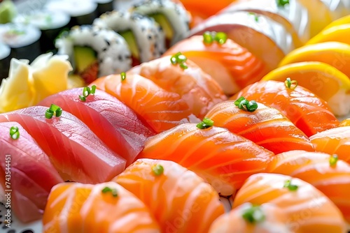 Assorted fresh sushi pieces with vibrant colors on a plate.