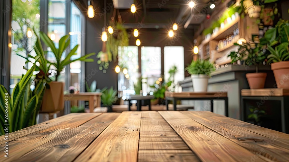 Wood table cafe blur. Generative AI