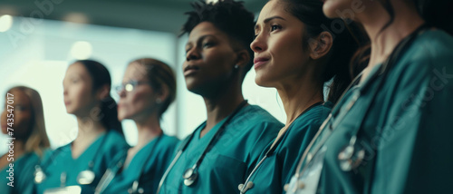 A line of diverse medical professionals in scrubs looking ahead with determination.