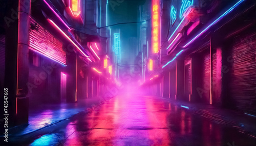 Visioni del Futuro- Strada Futuristica Abbandonata  Illuminata da Luci Al Neon e Nebbia.