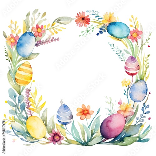 Happy Easter watercolor frame illustration with colored eggs and flowers