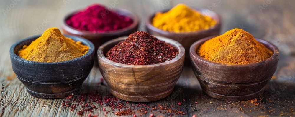 Rustic Collection of Spices in Wooden Bowls on Aged Wood Tabletop Rustic Collection of Spices in Wooden Bowls on Aged Wood Tabletop