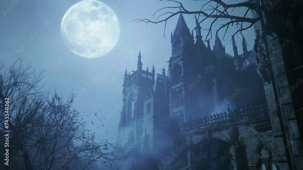 A mystical gothic castle towers into the night sky, backlit by a luminous full moon, with bare trees and mist adding to the eerie, yet majestic atmosphere. - obrazy, fototapety, plakaty 