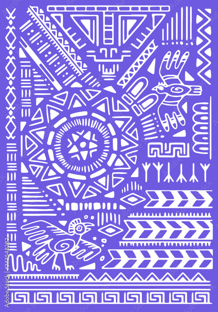 Aztec ornament in ancient style. Abstract tribal poster, peruvian wall art, african background. Cultural symbols, traditional elements, geometric forms of ethnic pattern. Flat vector illustration