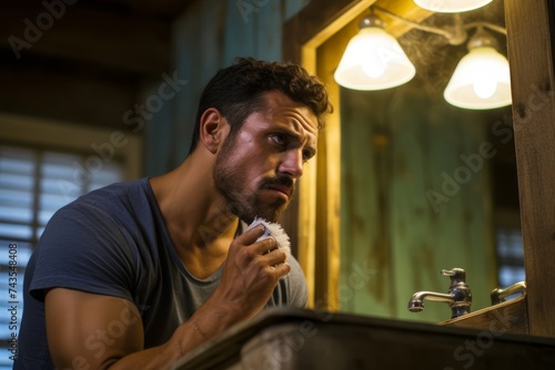 Hispanic man shaving his stubble, leaning against a sink in a rustic bathroom setting