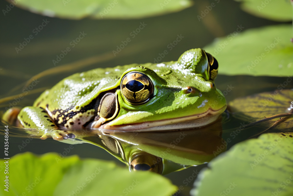 A close-up portrait of a green frog with reflective eyes, calmly resting on the water surface, blending with the serene green environment. Frog behavior concept A close-up portrait of a green frog with reflective eyes, calmly resting on the water surface, blending with the serene green environment. Frog behavior concept
