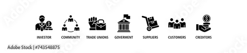 Stakeholder relationship banner web icon set vector illustration concept for stakeholder, investor, government, and creditors with icon of community, trade unions, suppliers, and customers