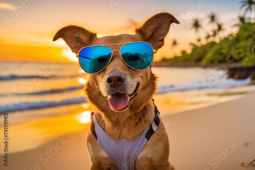 A dog wearing sunglasses and dressing for the upcoming summer on a blurred tropical beach background, sunset light © Giuseppe Cammino