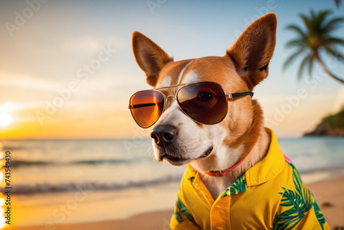 A dog wearing sunglasses and dressing for the upcoming summer on a blurred tropical beach background, sunset light
