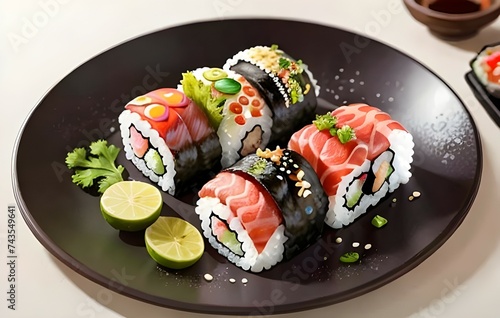Wallpaper Mural delicious japaneses sushi on black plate ai generated Torontodigital.ca