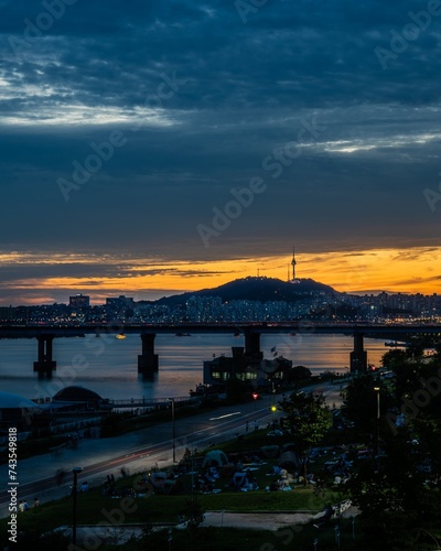 Han River and Namsan Tower in Seoul, South Korea.