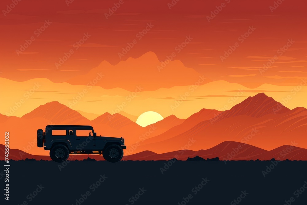 Illustration of a lone off-road vehicle silhouette against a backdrop of towering mountains and a setting sun