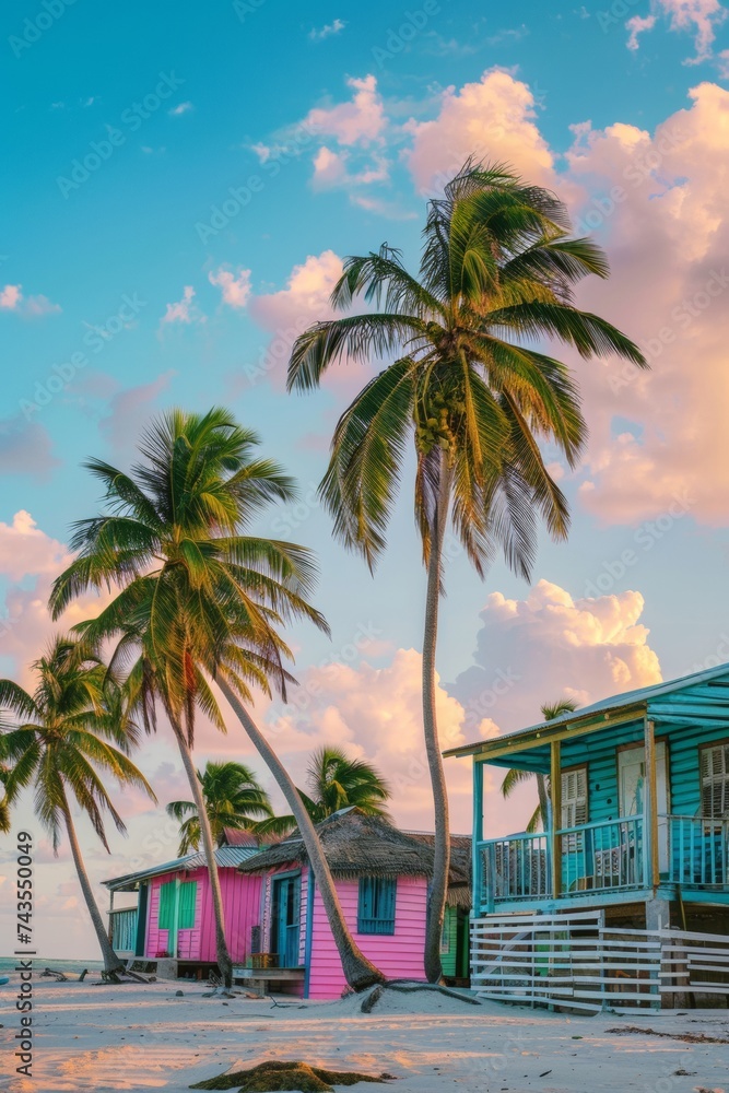 coastal beach town with colorful wooden houses and tall palm trees