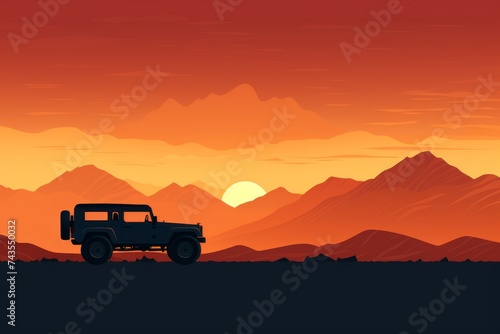 Illustration of a lone off-road vehicle silhouette against a backdrop of towering mountains and a setting sun