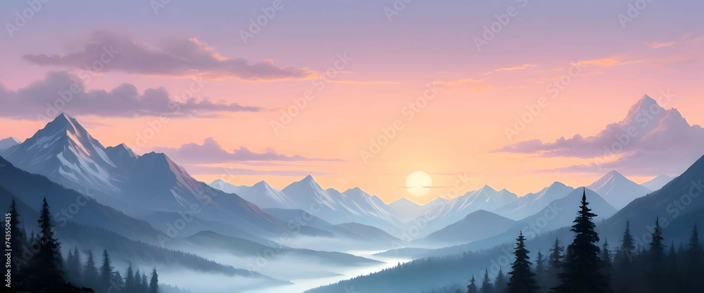 Mountain Glow: A Sunrise Illustration of Morning Season Tranquility with Orange Sunlight