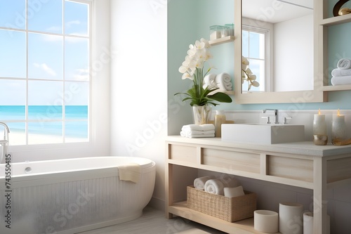 Coastal-inspired bathroom with seashell accents and light tones. 