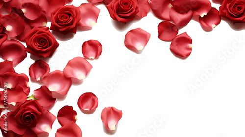 Fototapeta Naklejka Na Ścianę i Meble -  Red rose roses flower petals scattered flat lay composition top view on transparent background cutout, PNG file. Mockup template for artwork. Wallpaper banner