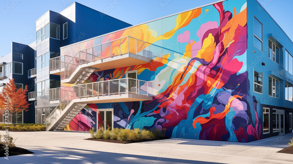 Fototapeta premium Urban Expression: Vibrant Mural Wall Amidst Modern Cityscape, Highlighting Blue Skies and Architecture