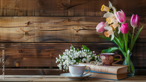 A vase filled with vibrant spring flowers sits next to an open book on a wooden table.