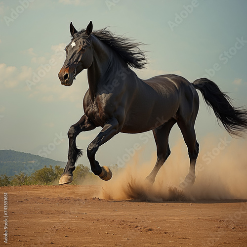 A black horse gallops along a dusty road