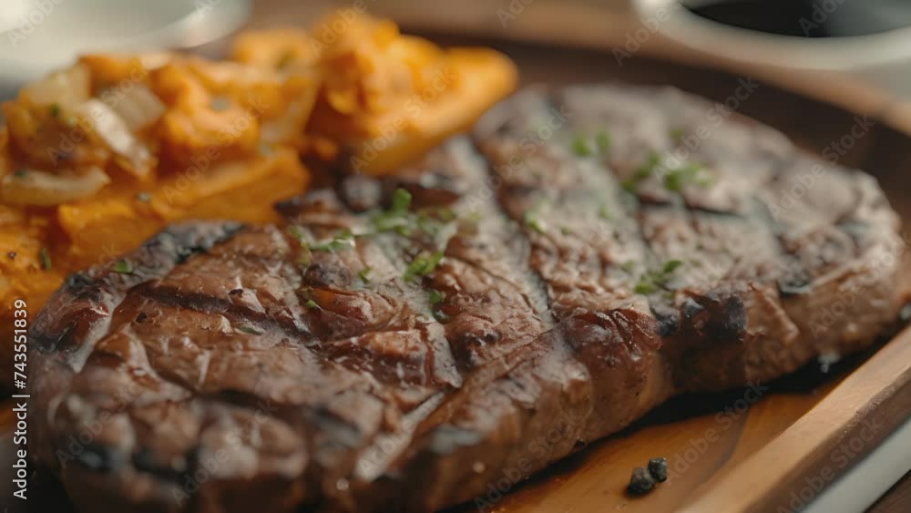 An indulgent plate of juicy grilled steak cooked over an open flame with a touch of woodsy smokiness accompanied by a loaded baked sweet potato an explosion of flavor in every An indulgent plate of juicy grilled steak cooked over an open flame with a touch of woodsy smokiness accompanied by a loaded baked sweet potato an explosion of flavor in every