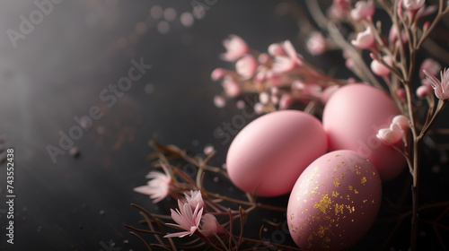 Easter card. Glossy soft pink painted eggs with golden decor and flower branches on dark background