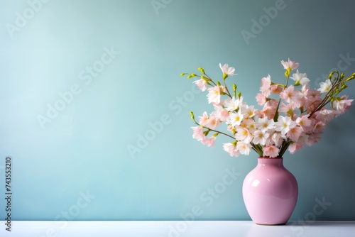 Pastel-colored wall with a small arrangement of spring flowers in the corner, adding a touch of Easter charm to any design, with copy space in the middle