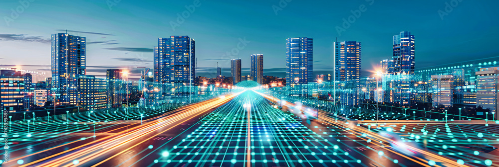 Obraz premium Digital Cityscape, Abstract Network of Skyscrapers at Night, Concept of Business and Modern Urban Connectivity