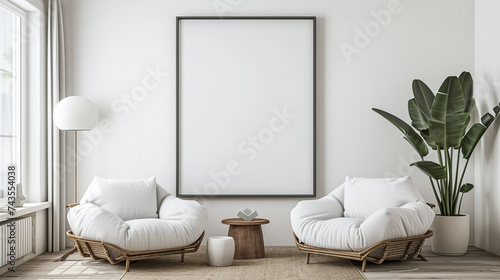 Modern Scandinavian Style Interior Design of Living Room Featuring Two Plush Armchairs and a Large Poster Frame against a Pristine White Wall, Created with Generative AI